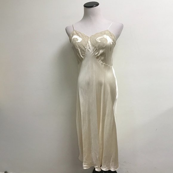 Vintage ivory lace silk gown spaghetti straps long gown chemise lingerie M - Picture 2 of 5